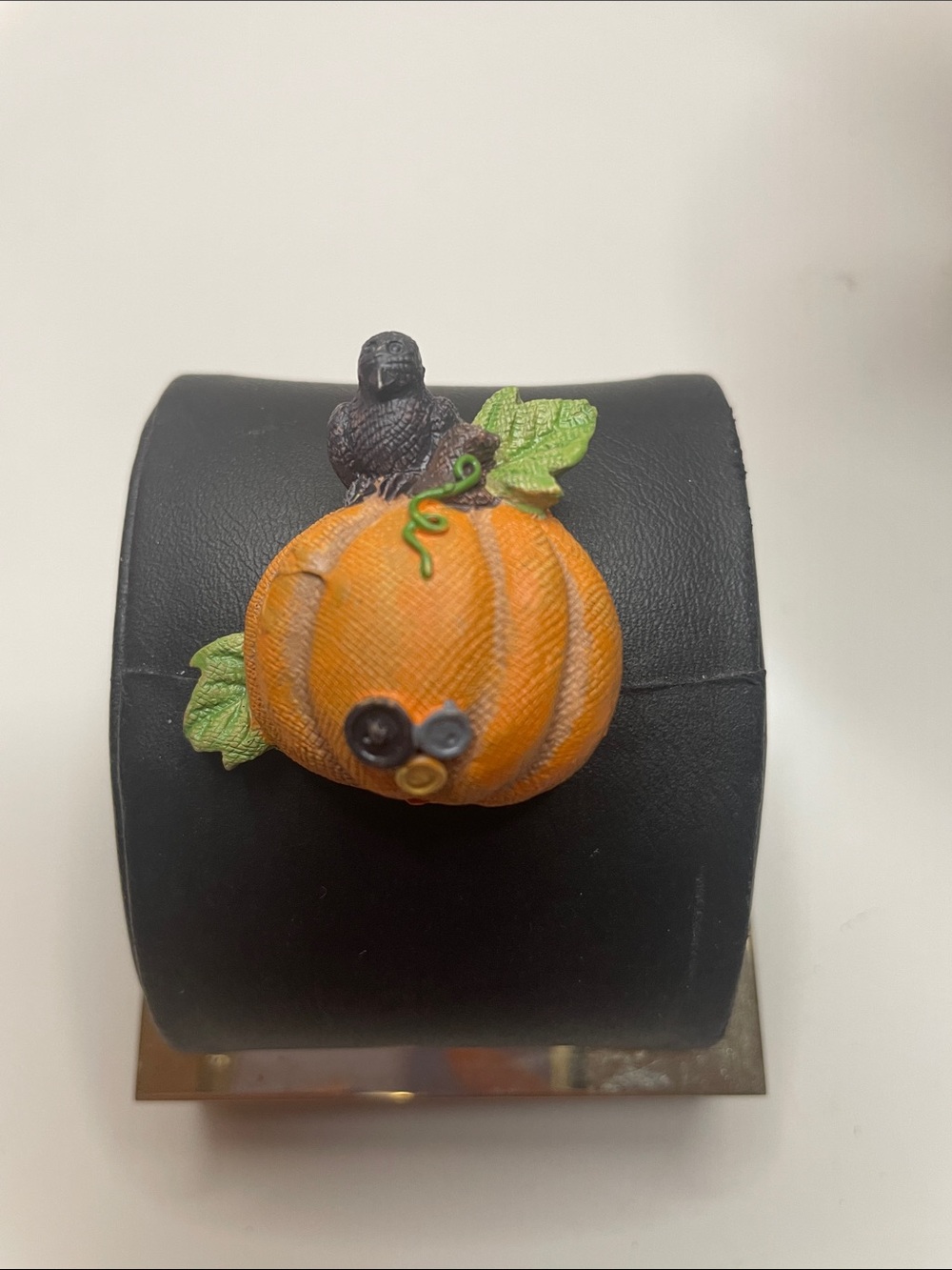 Pumpkin Brooch Pin with Crow Accent - Orange and Green